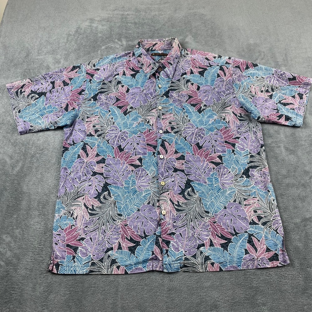 Tori Richard Mens L Button Up Shirt Purple Blue Tropical Cotton Lawn Cruise
